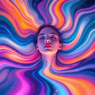 The primary subject of the image is a woman with long hair, who is the main focus of the scene. She is lying down and looking up, possibly at the camera. The setting is a colorful, swirling background that adds a vibrant and lively atmosphere to the scene. The visual style of the image is a combination of digital art and illustration, creating a unique and eye-catching appearance. The dominant colors in the image are purple, blue, and orange, which contribute to the overall mood and a